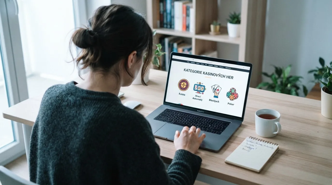 Člověk u notebooku čte informační stránku o online hazardu v Česku — 30, 50, 100, 150 free spinů bez vkladu