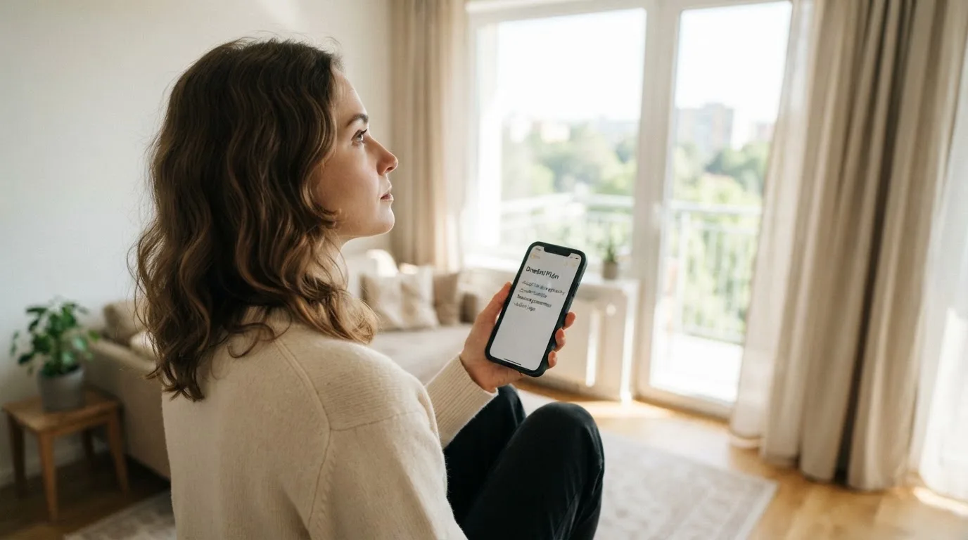 Žena v obývacím pokoji drží telefon a zamyšleně hledí z okna za dne.