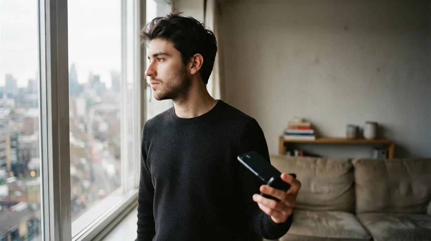 Muž v obývacím pokoji drží telefon a zamyšleně hledí z okna za dne.