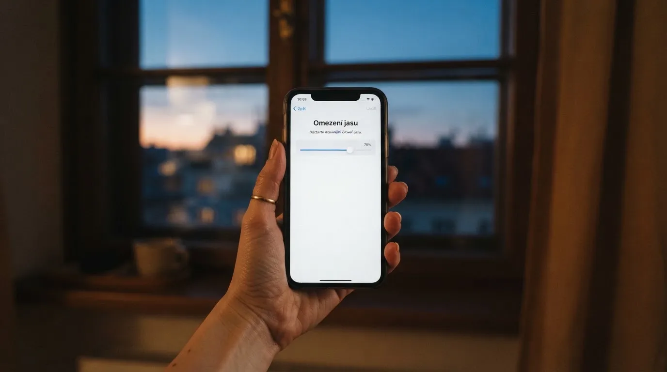 Ruka drží chytrý telefon u okna, klidné večerní světlo — bezpečné zahraniční casino pro české hráče