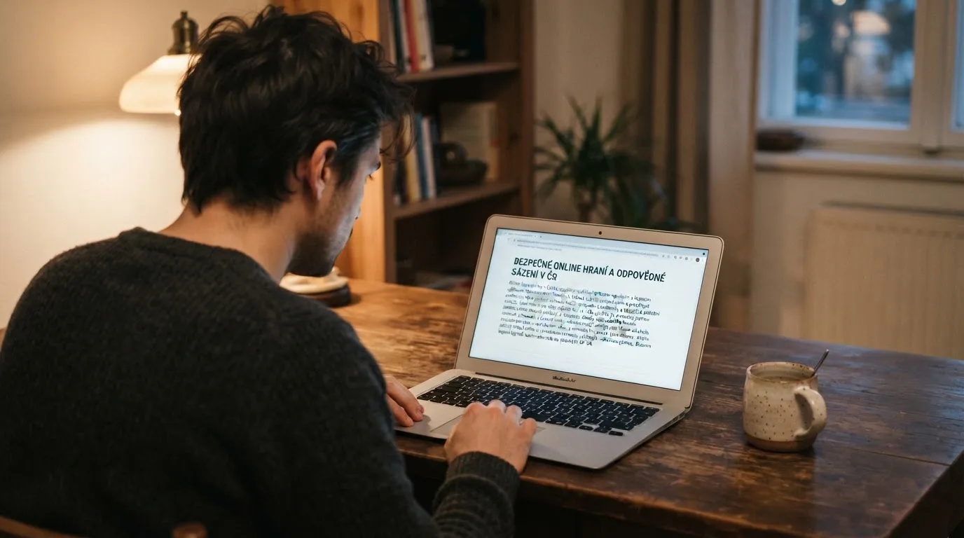 Člověk u notebooku čte informační stránku o online hazardu v Česku — bezpečné zahraniční casino pro české hráče