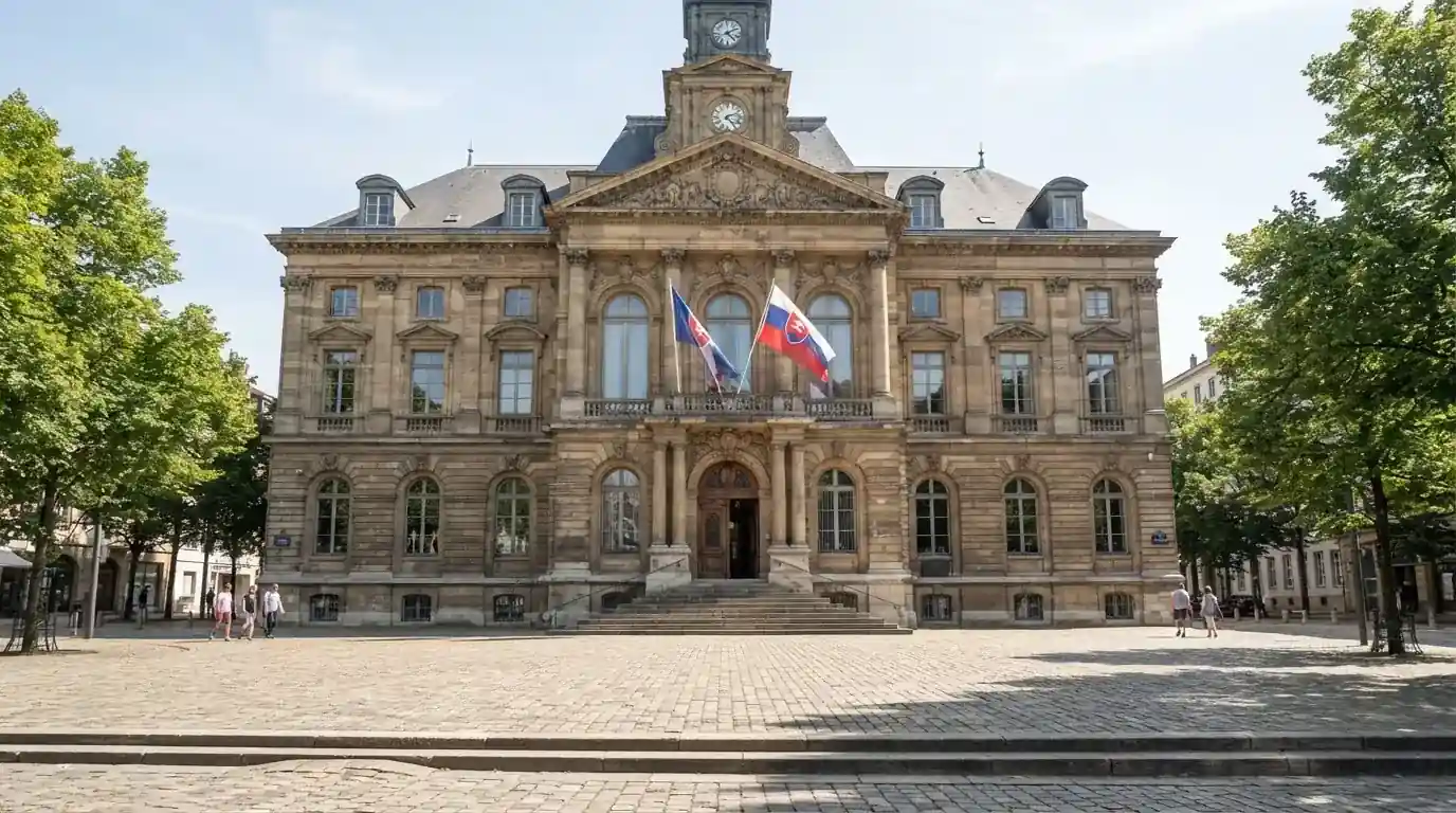 Historická úřední budova s vlajkami na slunečném náměstí — bonus za založení účtu casino