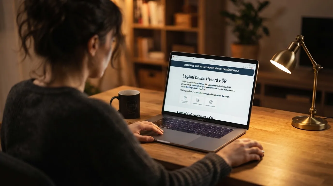 Člověk u notebooku čte informační stránku o online hazardu v Česku — bonus za založení účtu casino