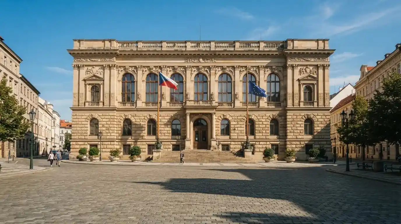 Historická úřední budova s vlajkami na slunečném náměstí — casina bez nutnosti vkladu s bonusem