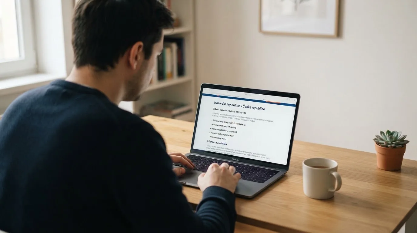 Člověk u notebooku čte informační stránku o online hazardu v Česku — casina bez nutnosti vkladu s bonusem