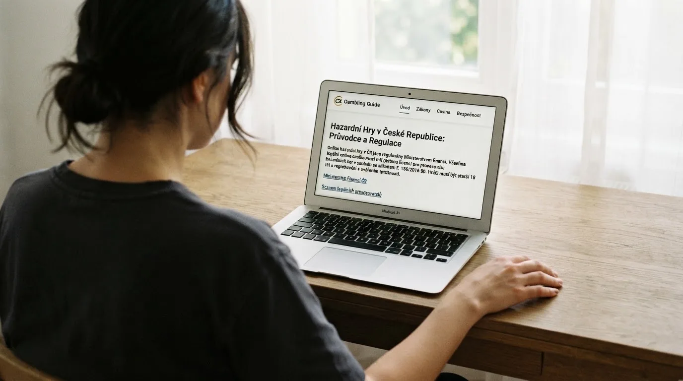 Člověk u notebooku čte informační stránku o online hazardu v Česku — casina online bez ověření totožnosti