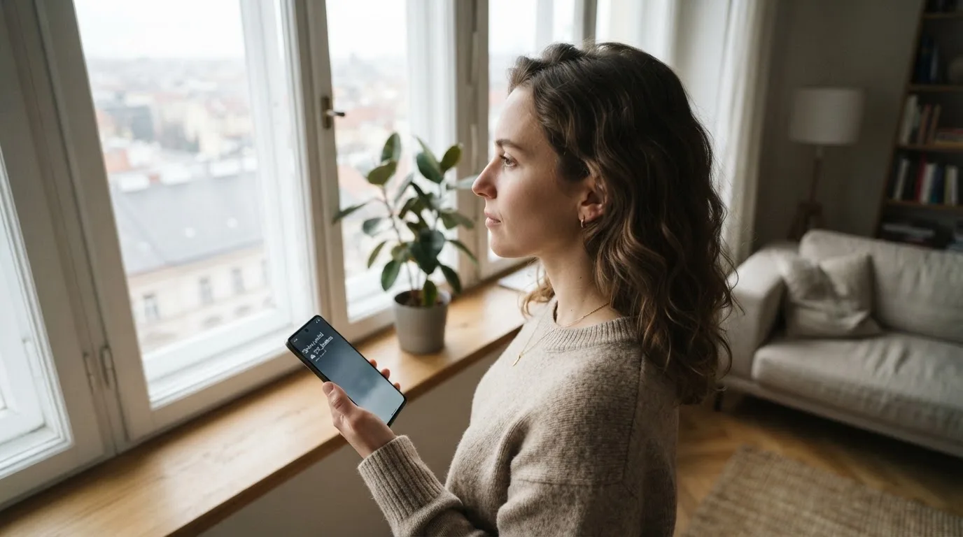 Žena v obývacím pokoji drží telefon a zamyšleně hledí z okna za dne.
