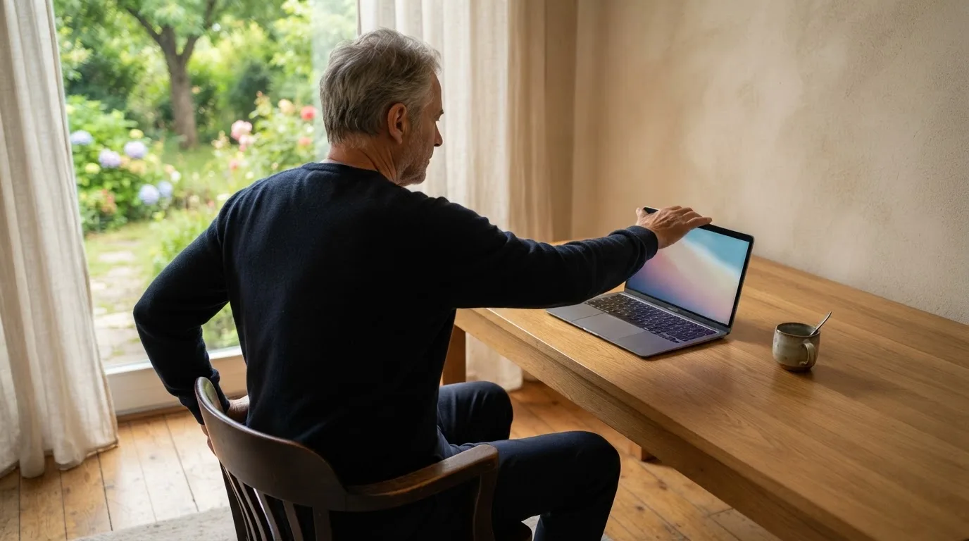 Starší muž zavírá notebook a odchází od pracovního stolu směrem k oknu s výhledem do zahrady.