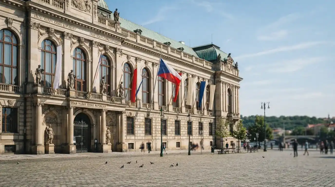 Historická úřední budova s vlajkami na slunečném náměstí — casino minimální vklad 1, 5, 10 euro