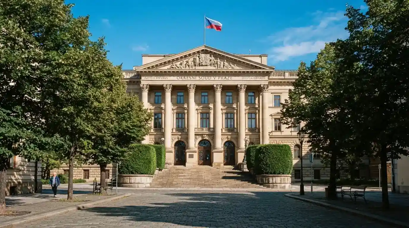 Sloupová budova soudu s vlajkou v centru města za jasného odpoledne.
