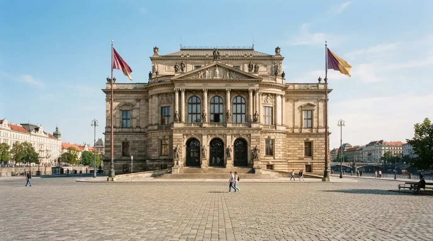Historická úřední budova s vlajkami na slunečném náměstí — casino okamžitý výběr