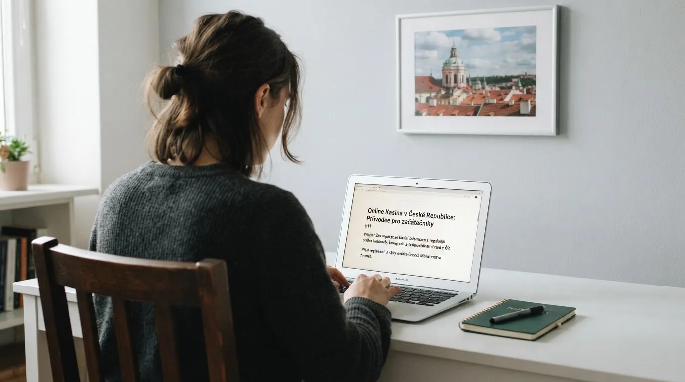 Člověk u notebooku čte informační stránku o online hazardu v Česku — casino platba paysafecard