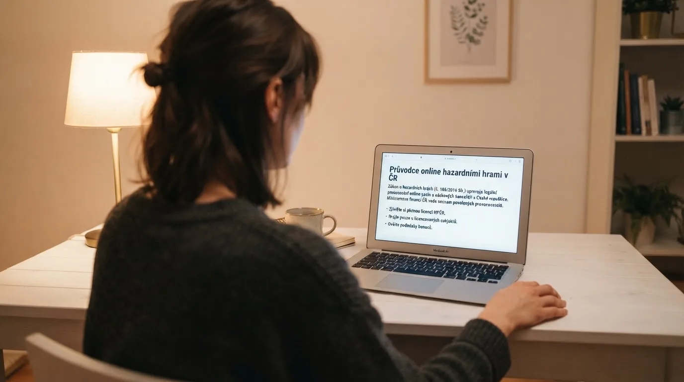 Člověk u notebooku čte informační stránku o online hazardu v Česku — hrací automaty hrací automaty zdarma online