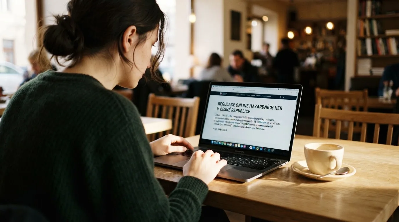 Člověk u notebooku čte informační stránku o online hazardu v Česku — hrací automaty zdarma ke stažení
