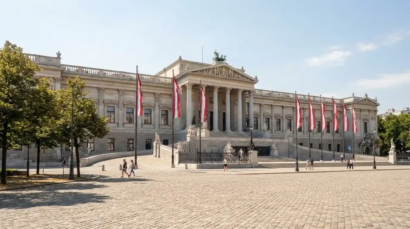 Historická úřední budova s vlajkami na slunečném náměstí — live blackjack pro české hráče
