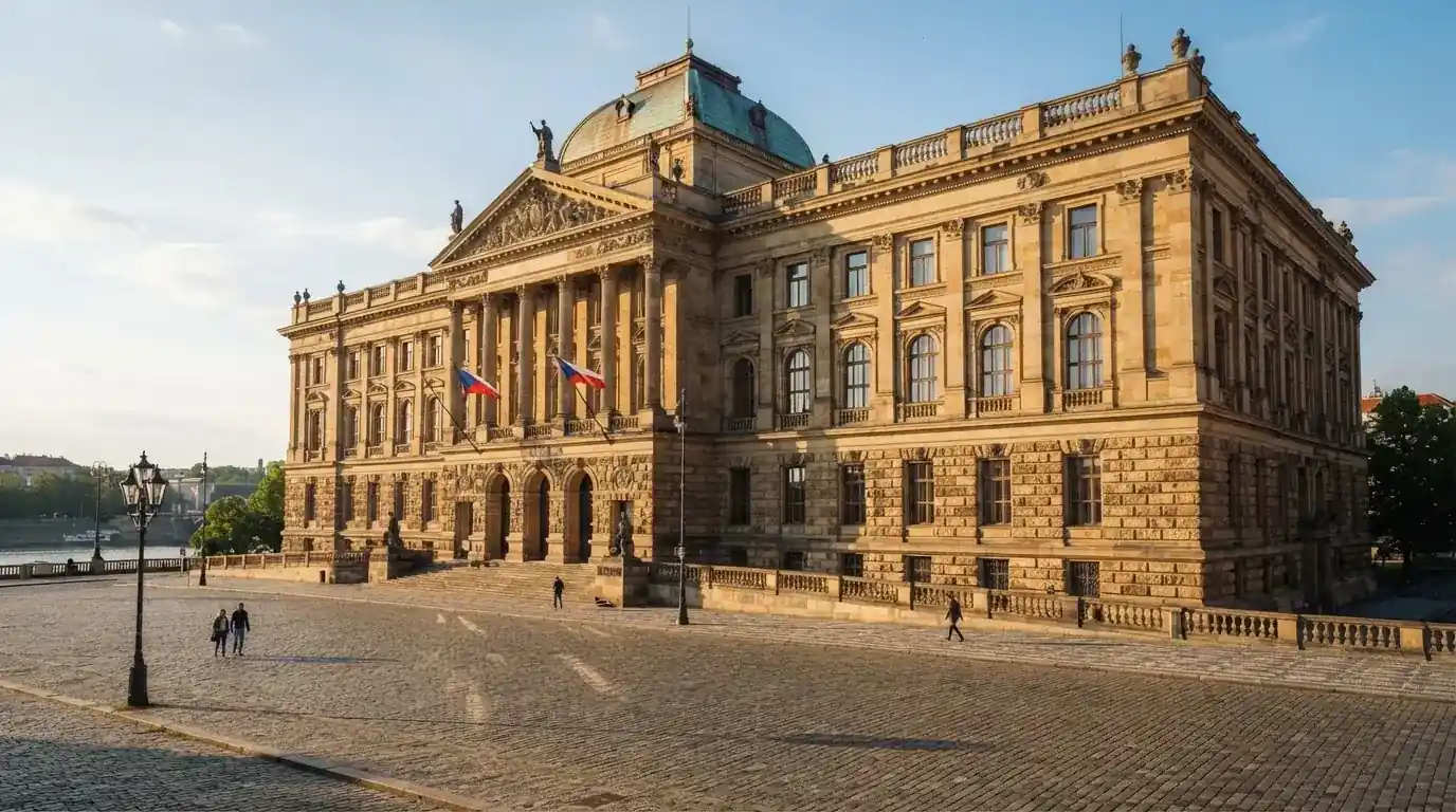 Historická úřední budova s vlajkami na slunečném náměstí — live ruleta CZ s česky mluvícími krupiéry