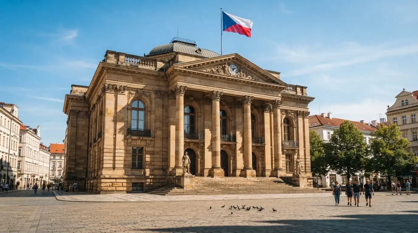 Kamenná budova se sloupy a vlajkou stojí na náměstí za slunečného dne.