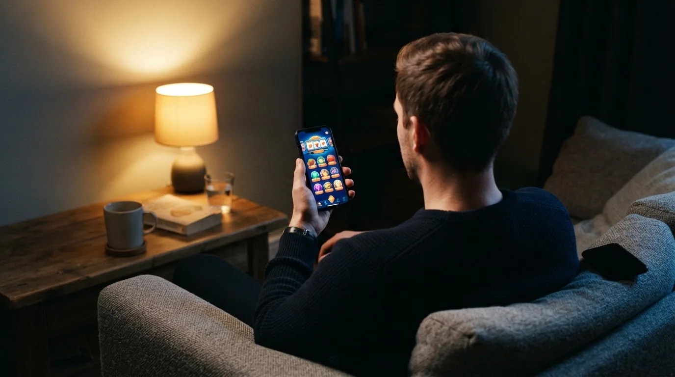 Muž sedí na gauči a poprvé otevírá aplikaci na chytrém telefonu večer.