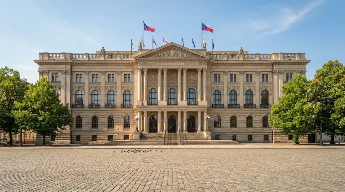 Historická úřední budova s vlajkami na slunečném náměstí — nejlepší automaty online za peníze