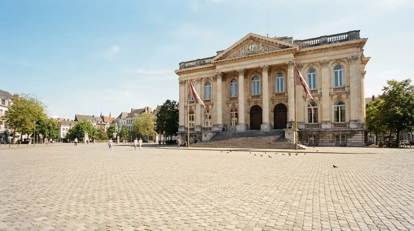 Historická úřední budova s vlajkami na slunečném náměstí — nejlepší krypto casino pro české hráče