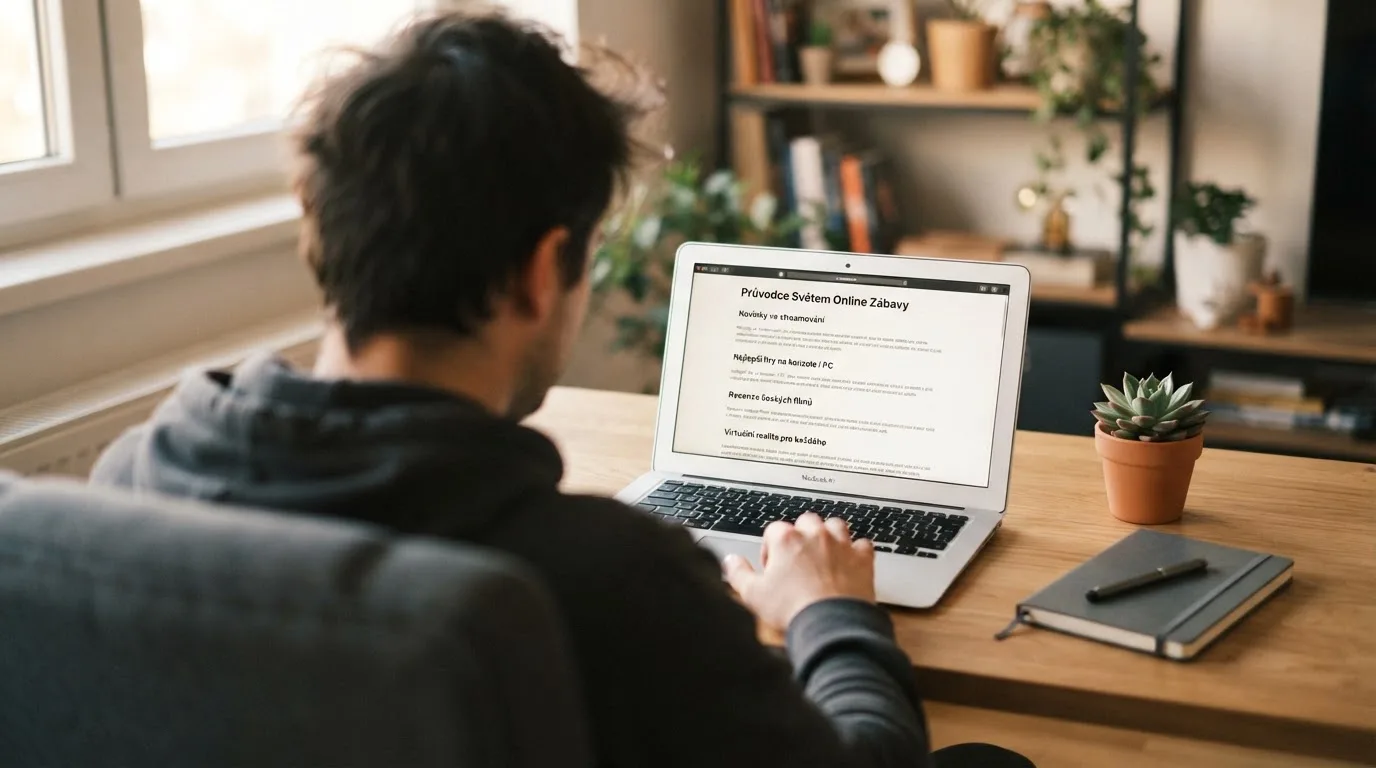 Člověk u notebooku čte informační stránku o online hazardu v Česku — nejlepší krypto casino pro české hráče