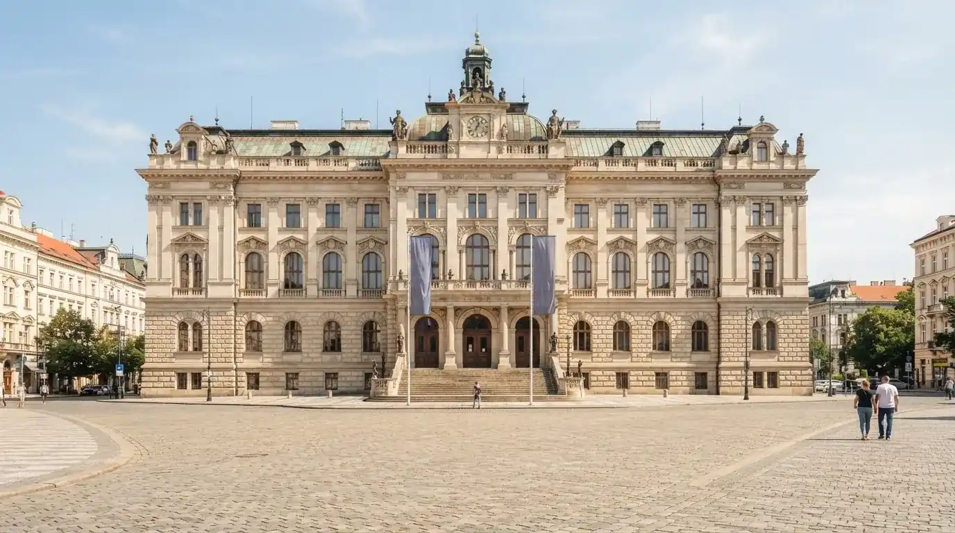 Historická úřední budova s vlajkami na slunečném náměstí — nejlepší krypto kasina cz