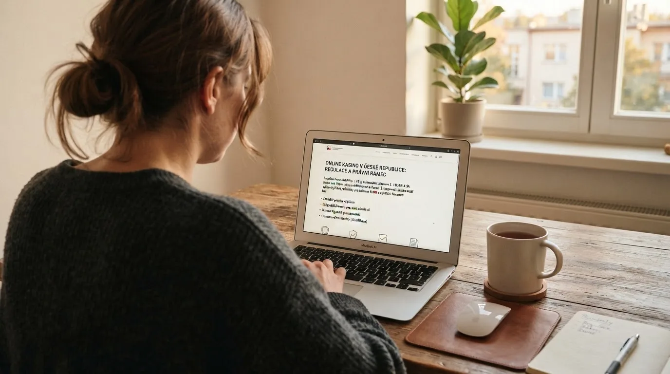 Člověk u notebooku čte informační stránku o online hazardu v Česku — nejlepší krypto kasina cz