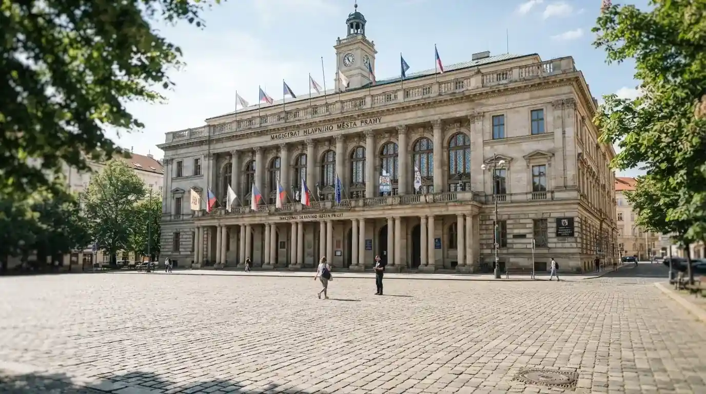 Historická úřední budova s vlajkami na slunečném náměstí — nejlepší mobilní online kasino česká republika