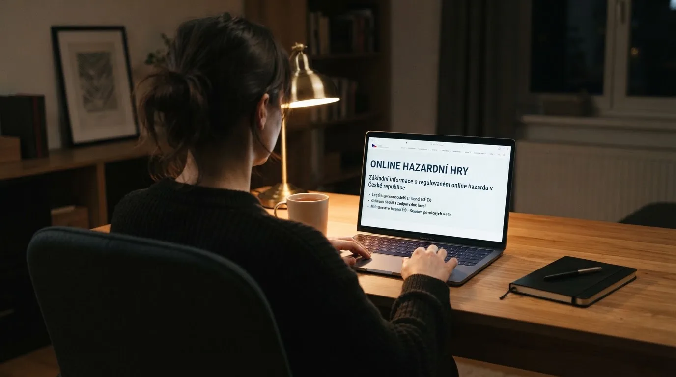 Člověk u notebooku čte informační stránku o online hazardu v Česku — nejlepší mobilní online kasino česká republika