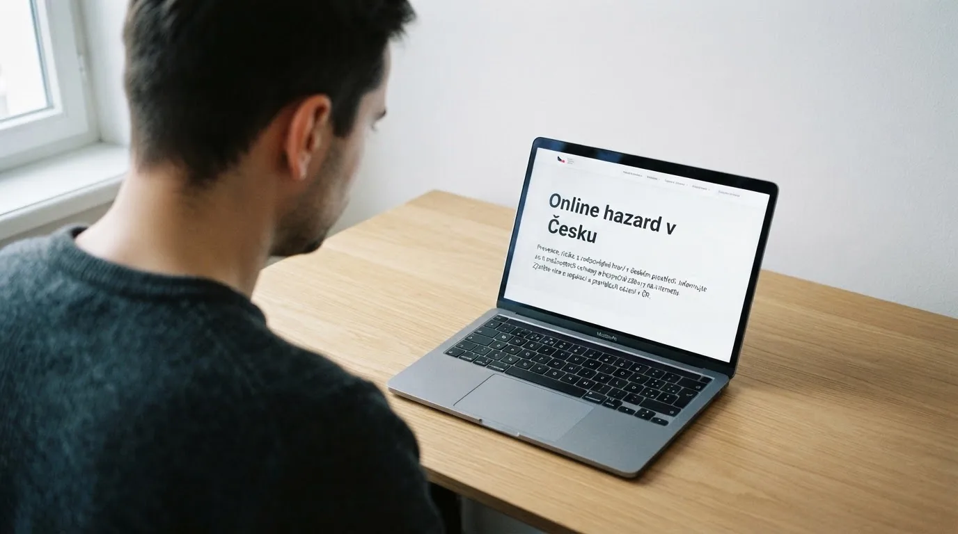 Člověk u notebooku čte informační stránku o online hazardu v Česku — nejlepší online casino za peníze